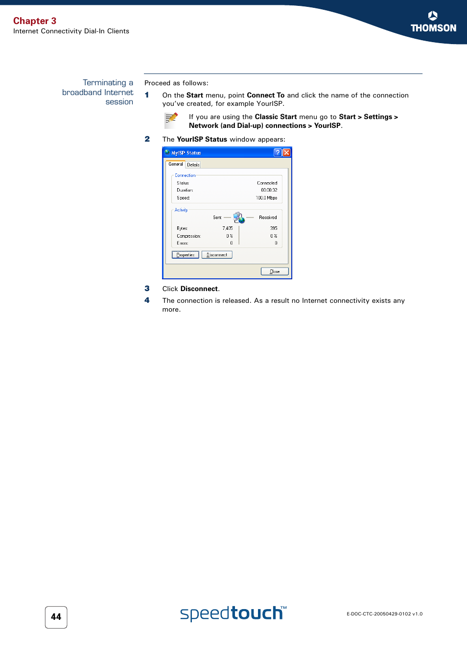 Terminating a broadband internet session, Chapter 3 | RCA TM580 User Manual | Page 52 / 126