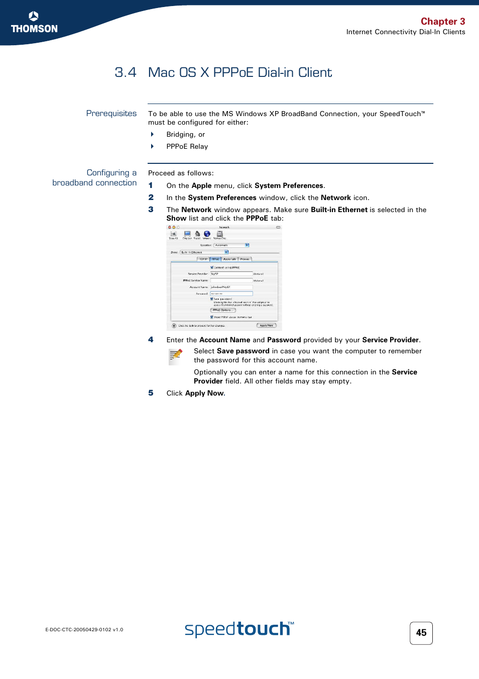 4 mac os x pppoe dial-in client, Prerequisites, Configuring a broadband connection | Mac os x pppoe dial-in client, 4 mac os x pppoe, Chapter 3 | RCA TM580 User Manual | Page 53 / 126