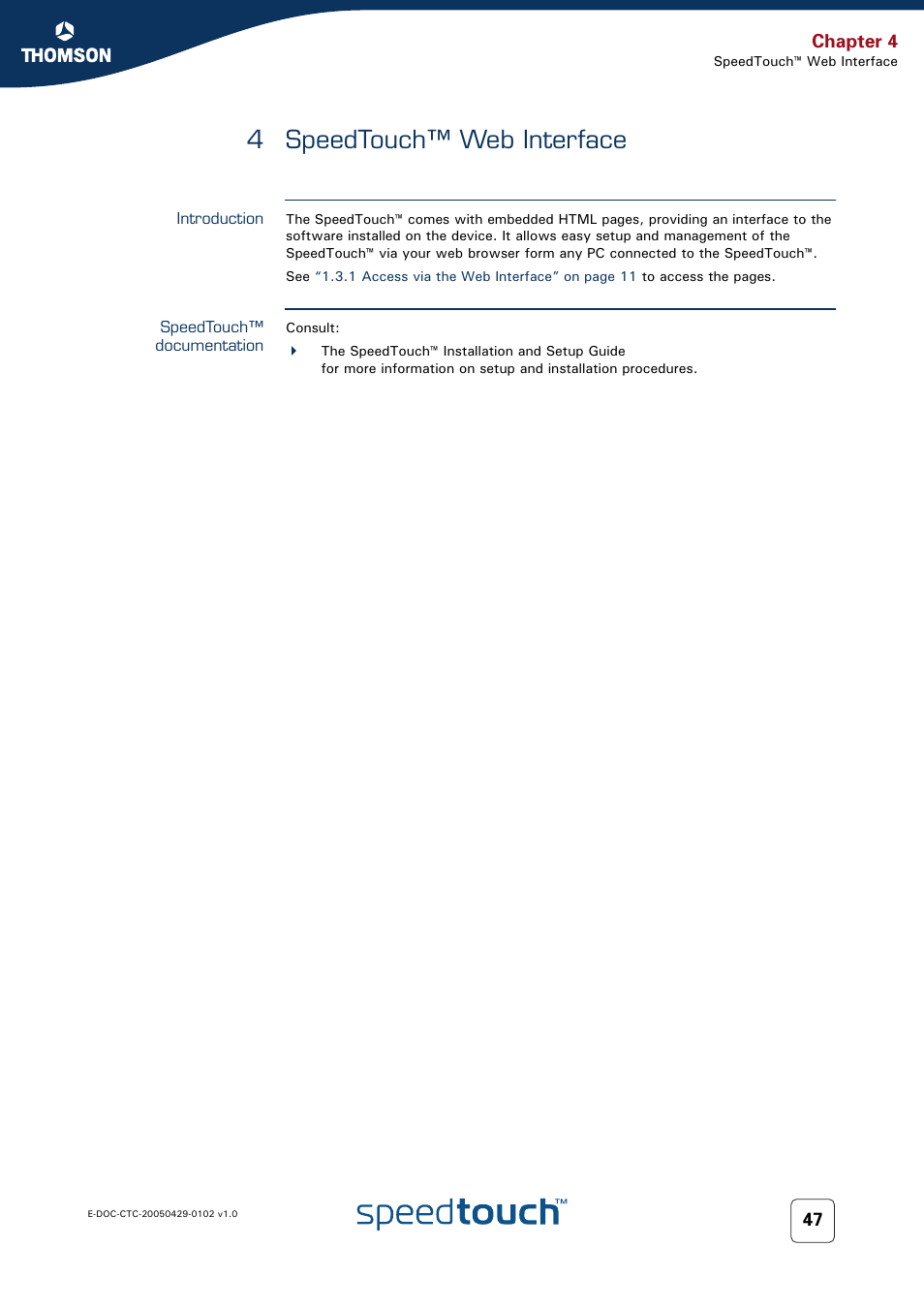 4 speedtouch™ web interface, Introduction, Speedtouch™ documentation | Speedtouch™ web interface, 4 speedtouch™ web interface” on, Chapter 4 | RCA TM580 User Manual | Page 55 / 126