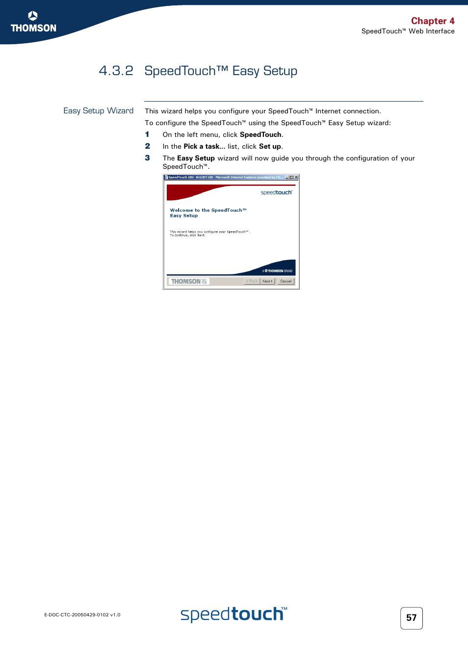 2 speedtouch™ easy setup, Easy setup wizard, Speedtouch™ easy setup | Chapter 4 | RCA TM580 User Manual | Page 65 / 126