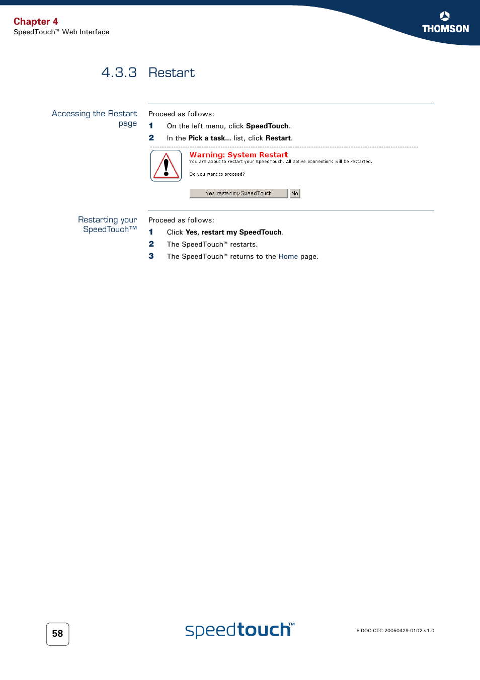 3 restart, Restarting your speedtouch, Restart | Chapter 4 | RCA TM580 User Manual | Page 66 / 126