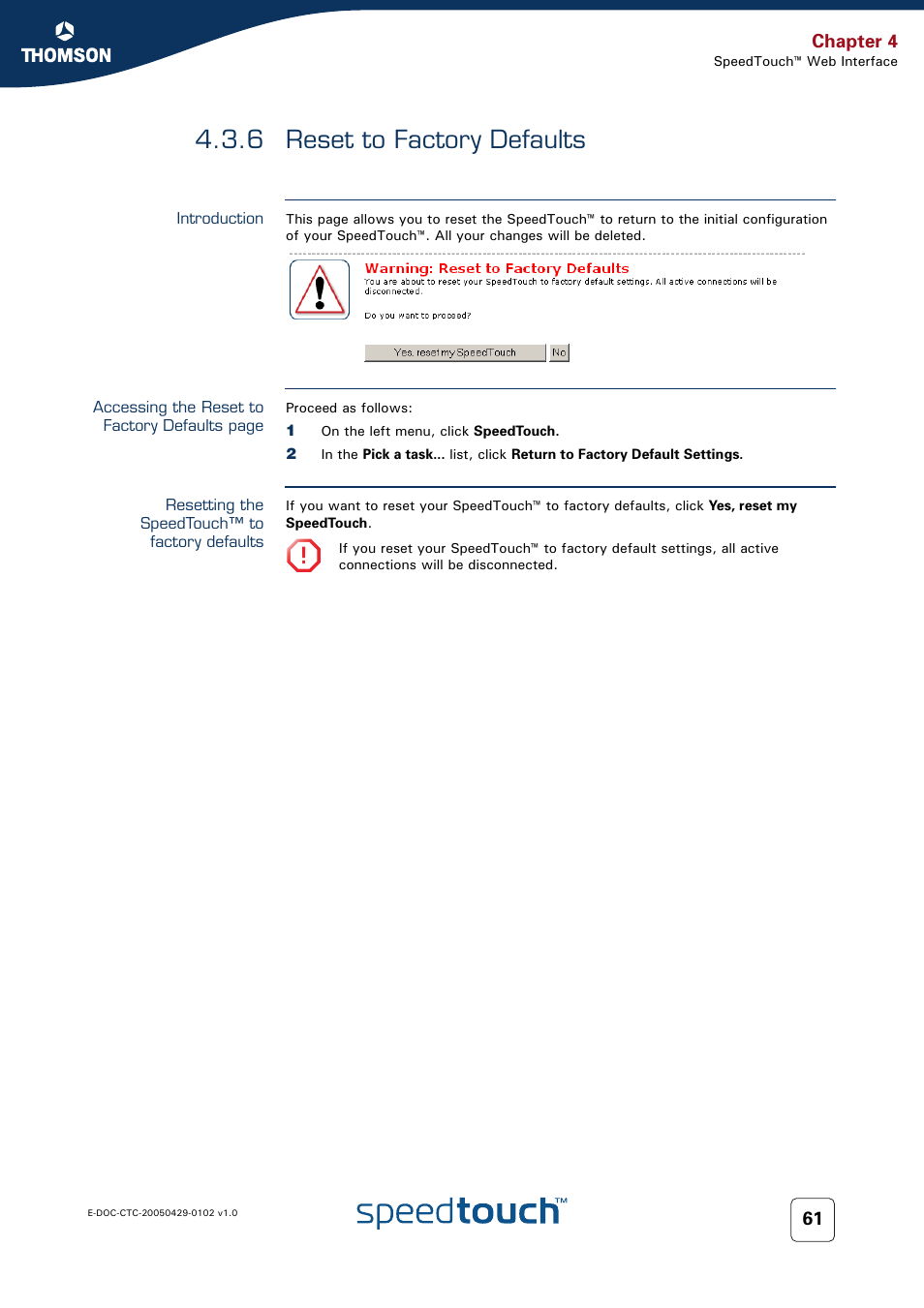 6 reset to factory defaults, Introduction, Resetting the speedtouch™ to factory defaults | Reset to factory defaults | RCA TM580 User Manual | Page 69 / 126