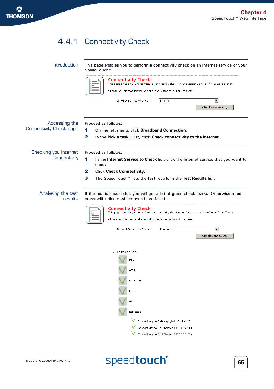 1 connectivity check, Introduction, Checking you internet connectivity | Analysing the test results, Connectivity check, 1 connectivity check” on, Chapter 4 | RCA TM580 User Manual | Page 73 / 126