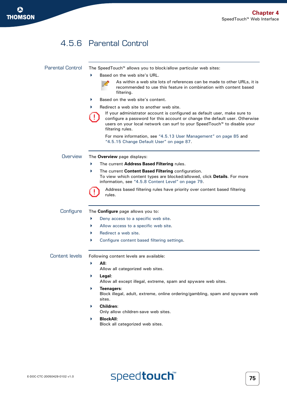 6 parental control, Parental control, Overview | Configure, Content levels, Chapter 4 | RCA TM580 User Manual | Page 83 / 126