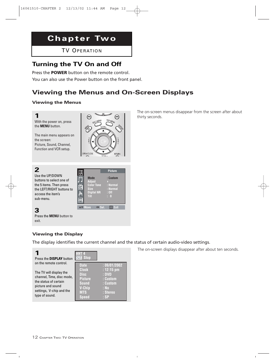 Viewing the menus and on-screen displays, Turning the tv on and off, T v o | RCA B27TF685 User Manual | Page 14 / 76