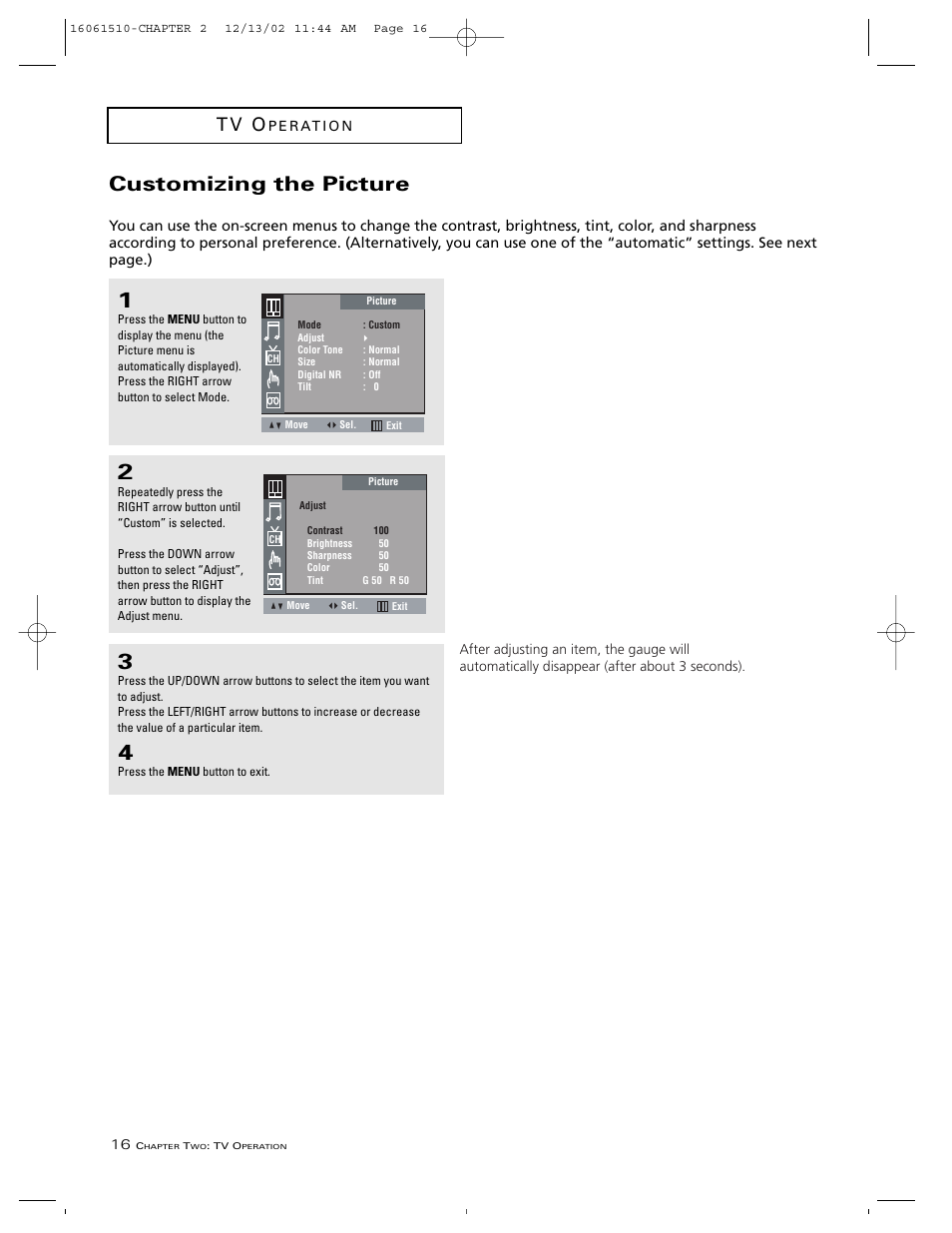 Customizing the picture, T v o | RCA B27TF685 User Manual | Page 18 / 76