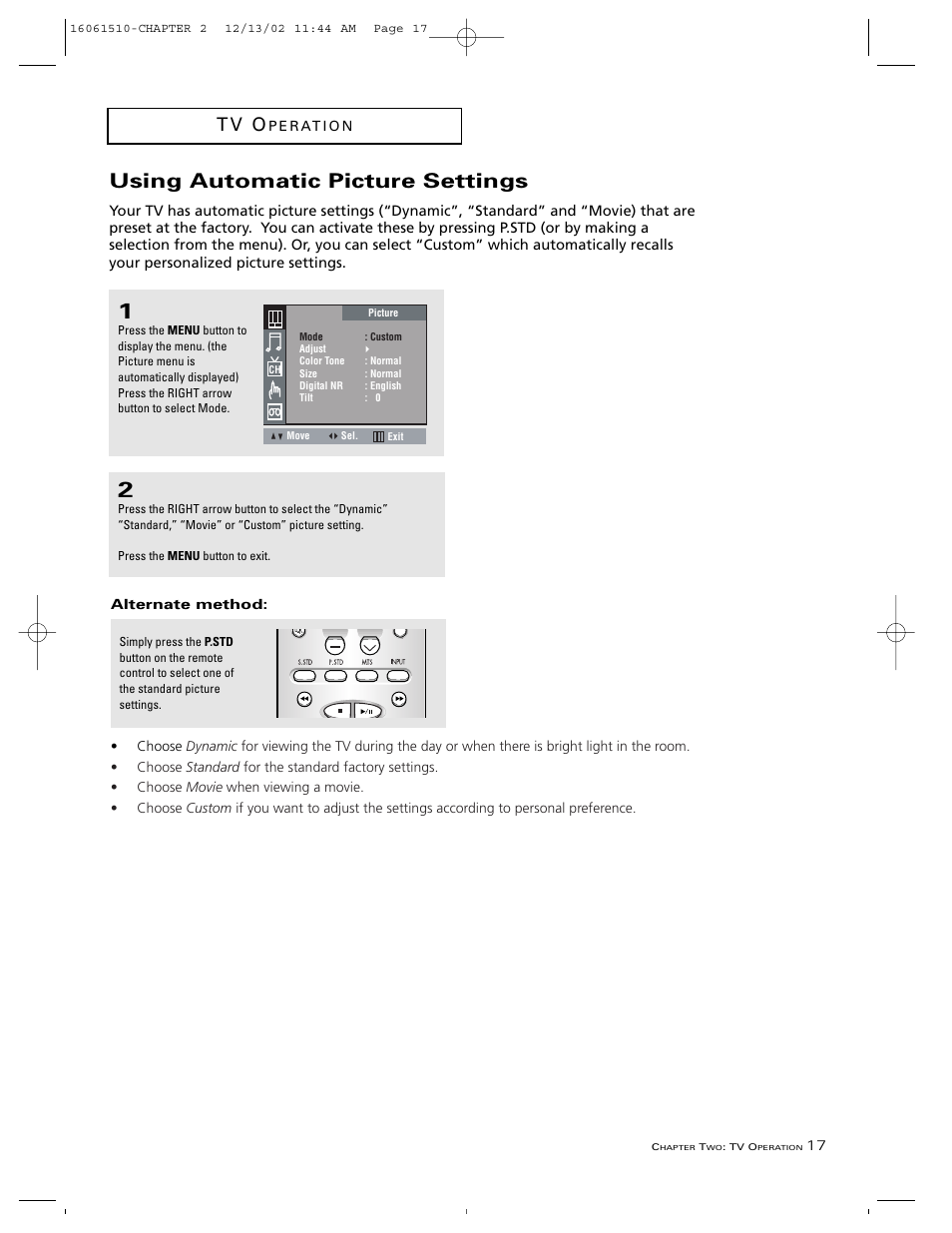 Using automatic picture settings, T v o | RCA B27TF685 User Manual | Page 19 / 76