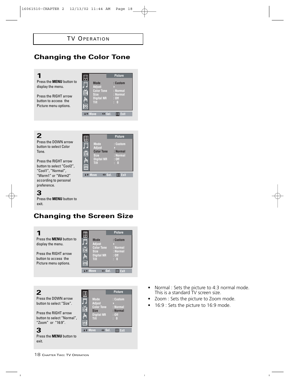 Changing the color tone changing the screen size, T v o | RCA B27TF685 User Manual | Page 20 / 76