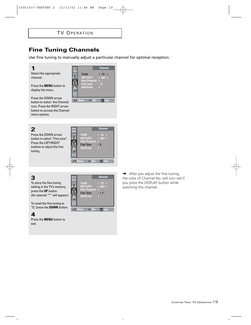 Fine tuning channels, T v o | RCA B27TF685 User Manual | Page 21 / 76