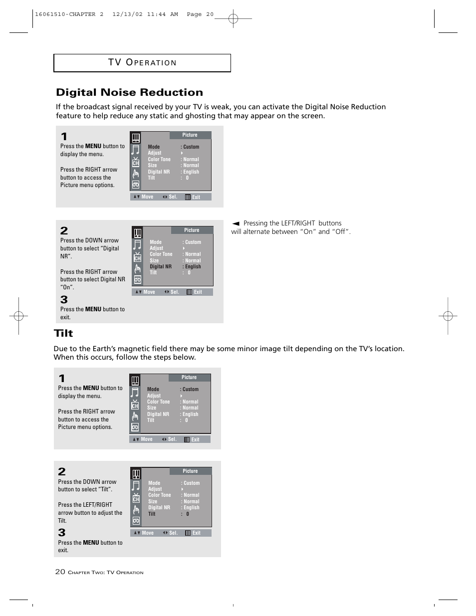 Digital noise reduction, Tilt, T v o | RCA B27TF685 User Manual | Page 22 / 76