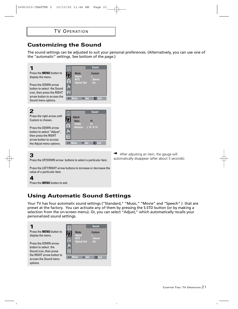 Using automatic sound settings, Customizing the sound, T v o | RCA B27TF685 User Manual | Page 23 / 76