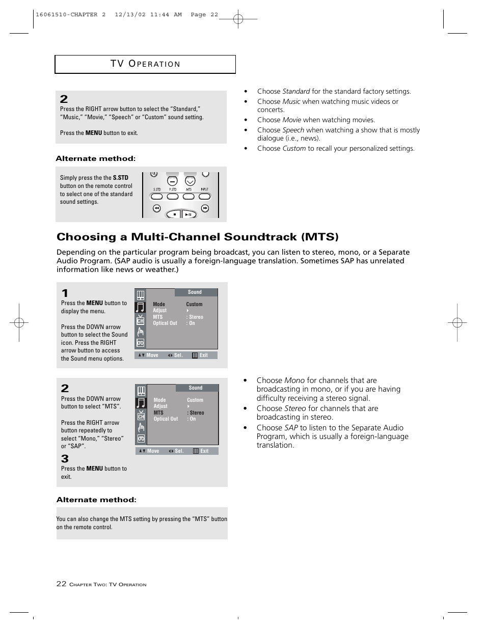 Choosing a multi-channel soundtrack (mts), T v o | RCA B27TF685 User Manual | Page 24 / 76