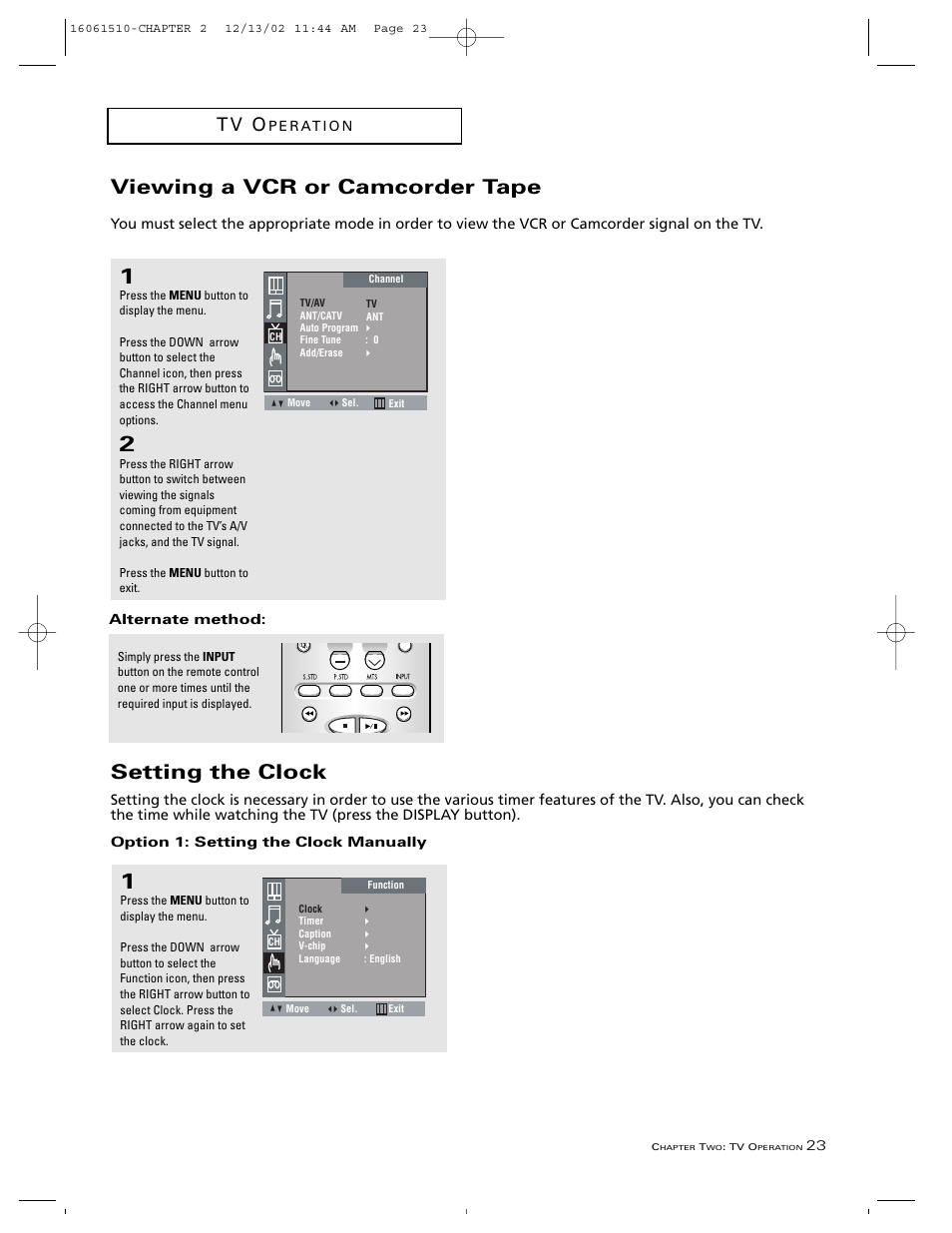 Setting the clock, Viewing a vcr or camcorder tape, T v o | RCA B27TF685 User Manual | Page 25 / 76