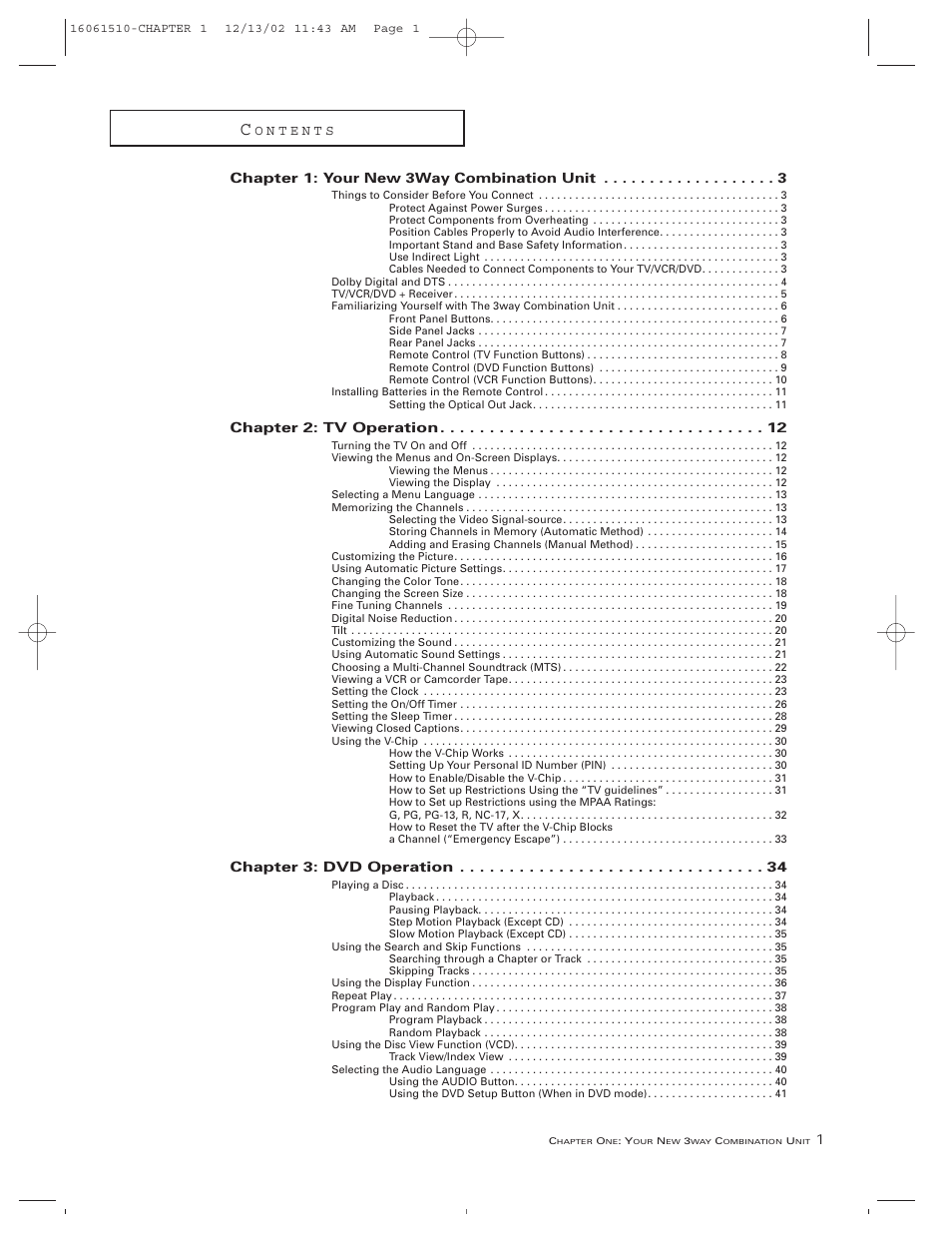 1chapter 1: your new 3way combination unit, Chapter 2: tv operation, Chapter 3: dvd operation | RCA B27TF685 User Manual | Page 3 / 76