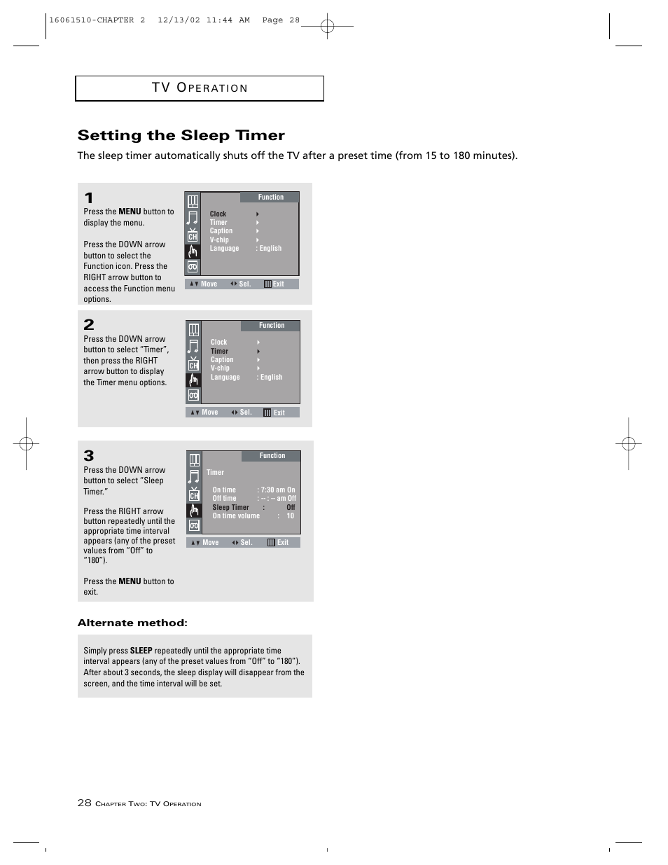 Setting the sleep timer, T v o | RCA B27TF685 User Manual | Page 30 / 76