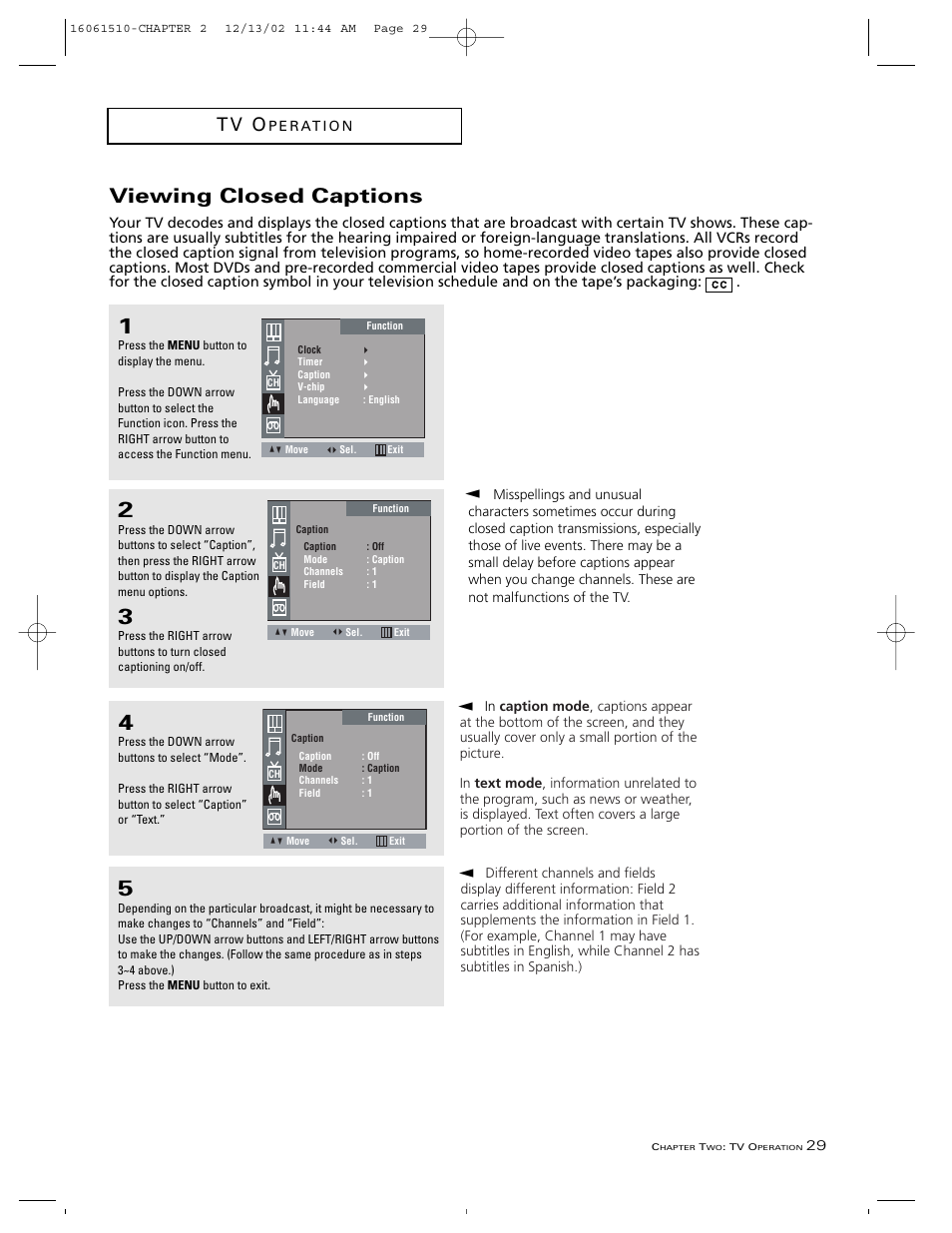 Viewing closed captions, T v o | RCA B27TF685 User Manual | Page 31 / 76