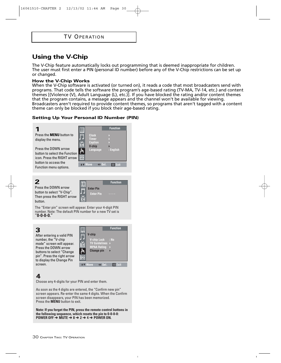 Using the v-chip, T v o | RCA B27TF685 User Manual | Page 32 / 76