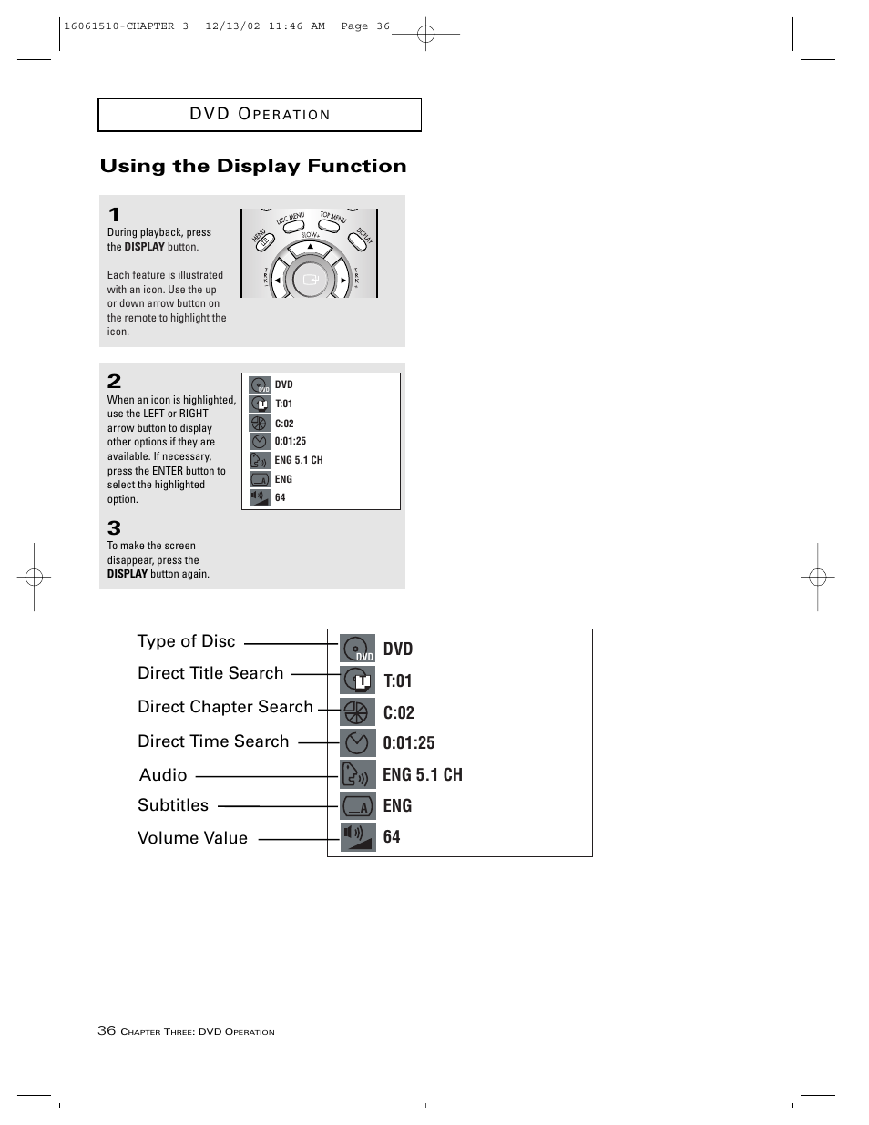 Using the display function, D v d o | RCA B27TF685 User Manual | Page 38 / 76