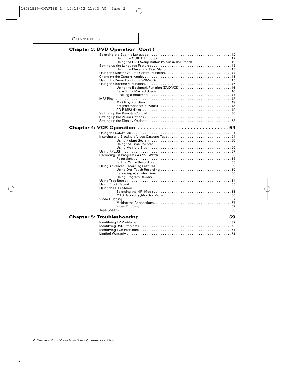 Chapter 3: dvd operation (cont.), Chapter 4: vcr operation, Chapter 5: troubleshooting | RCA B27TF685 User Manual | Page 4 / 76