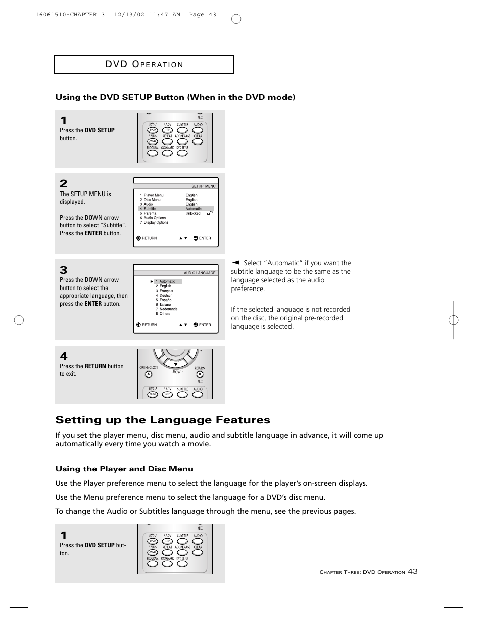 Setting up the language features, D v d o | RCA B27TF685 User Manual | Page 45 / 76