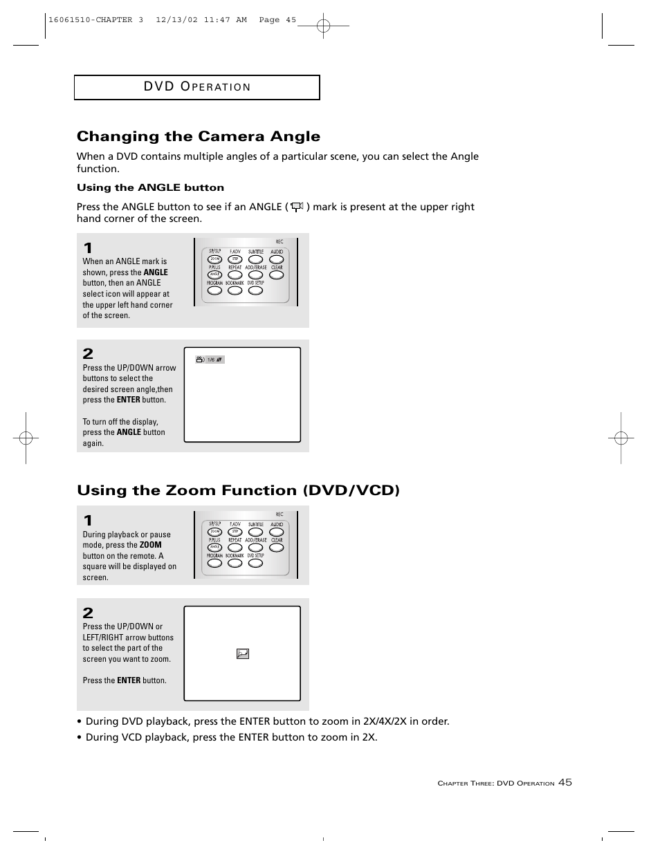 Changing the camera angle, Using the zoom function (dvd/vcd), D v d o | RCA B27TF685 User Manual | Page 47 / 76