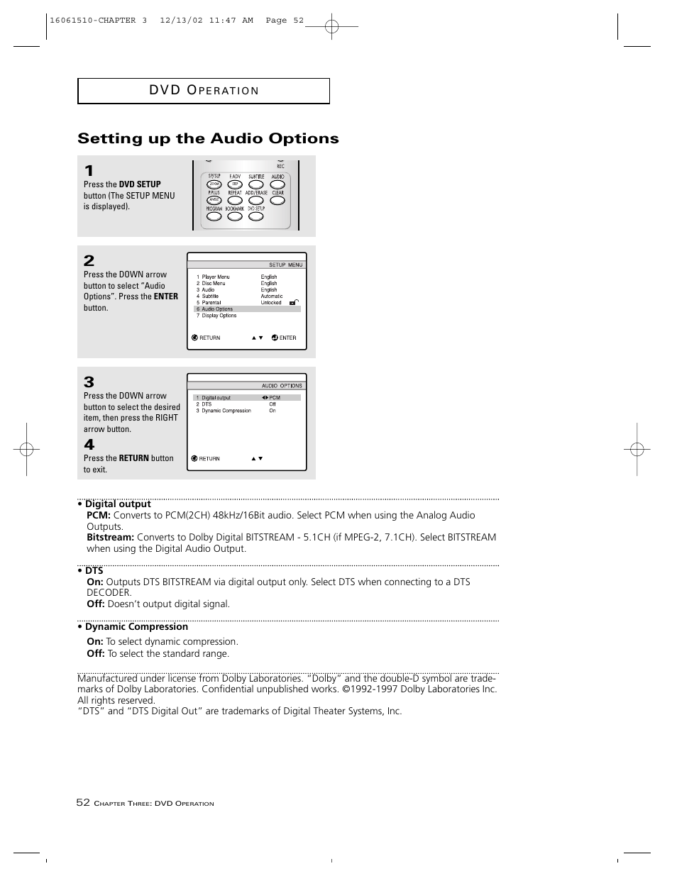 Setting up the audio options, D v d o | RCA B27TF685 User Manual | Page 54 / 76