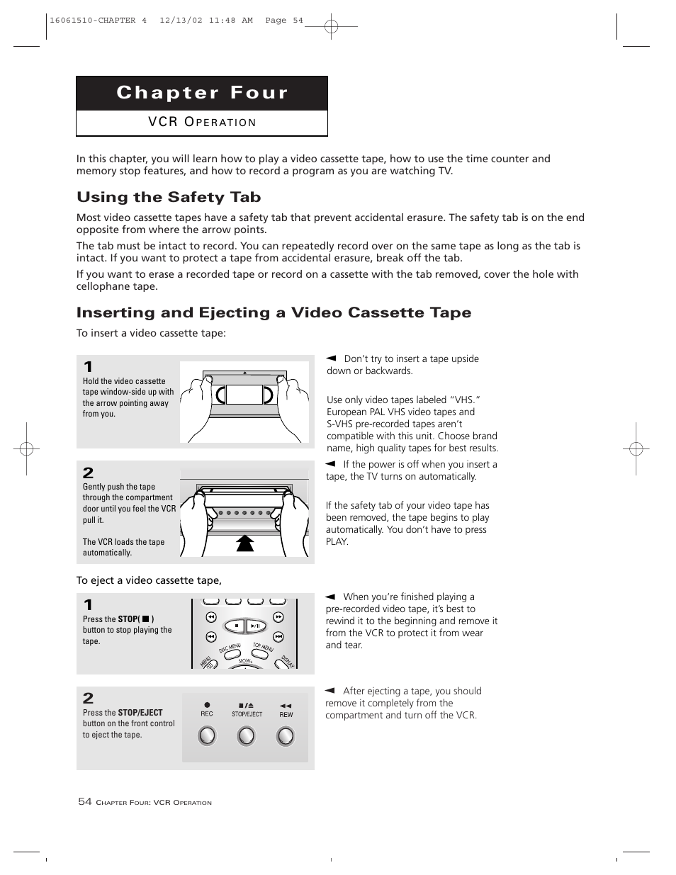 Using the safety tab, Inserting and ejecting a video cassette tape | RCA B27TF685 User Manual | Page 56 / 76