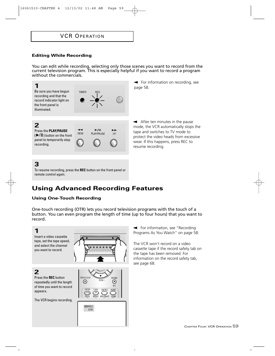 Using advanced recording features, V c r o | RCA B27TF685 User Manual | Page 61 / 76