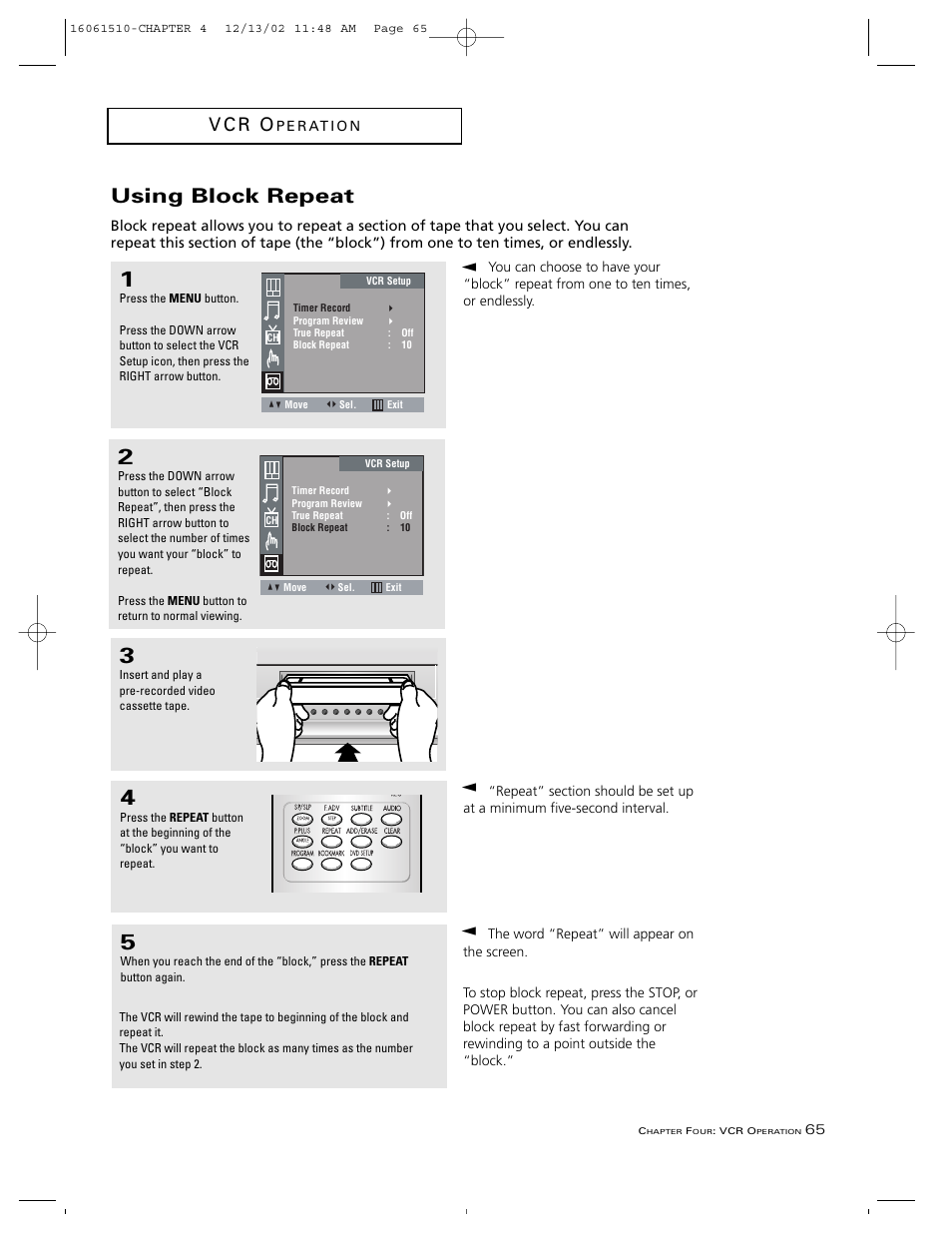 Using block repeat, V c r o | RCA B27TF685 User Manual | Page 67 / 76