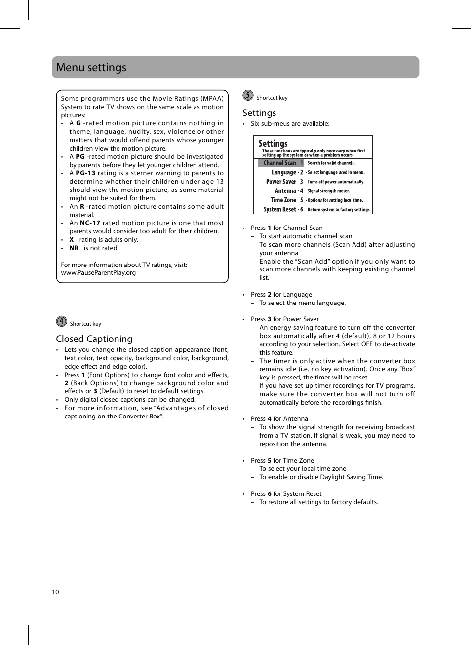 Menu settings, Closed captioning, Settings | RCA 811-DTA891W030 User Manual | Page 10 / 32