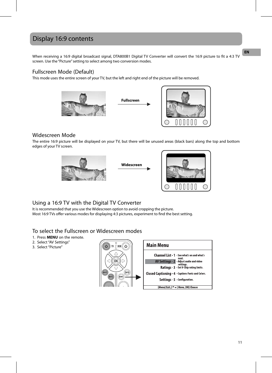 Display 16:9 contents, Fullscreen mode (default), Widescreen mode | Using a 16:9 tv with the digital tv converter | RCA 811-DTA891W030 User Manual | Page 11 / 32