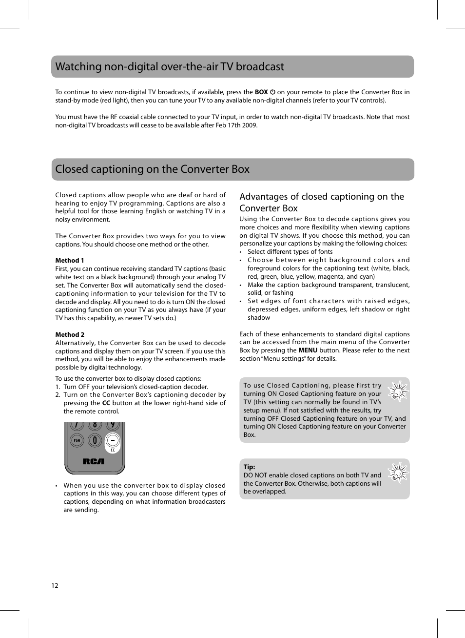 Watching non-digital over-the-air tv broadcast, Closed captioning on the converter box | RCA 811-DTA891W030 User Manual | Page 12 / 32