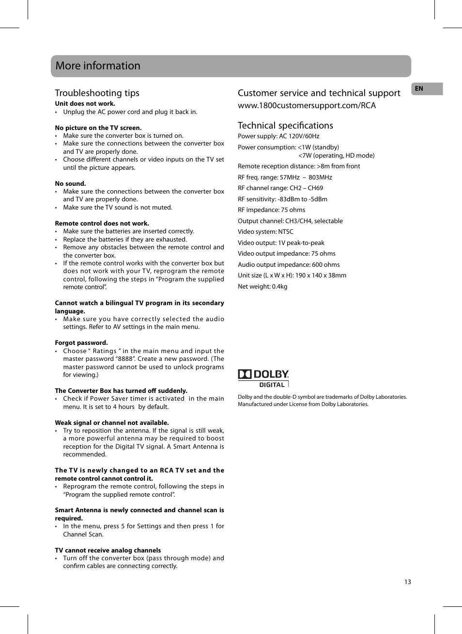 More information, Troubleshooting tips, Customer service and technical support | Technical specifi cations | RCA 811-DTA891W030 User Manual | Page 13 / 32