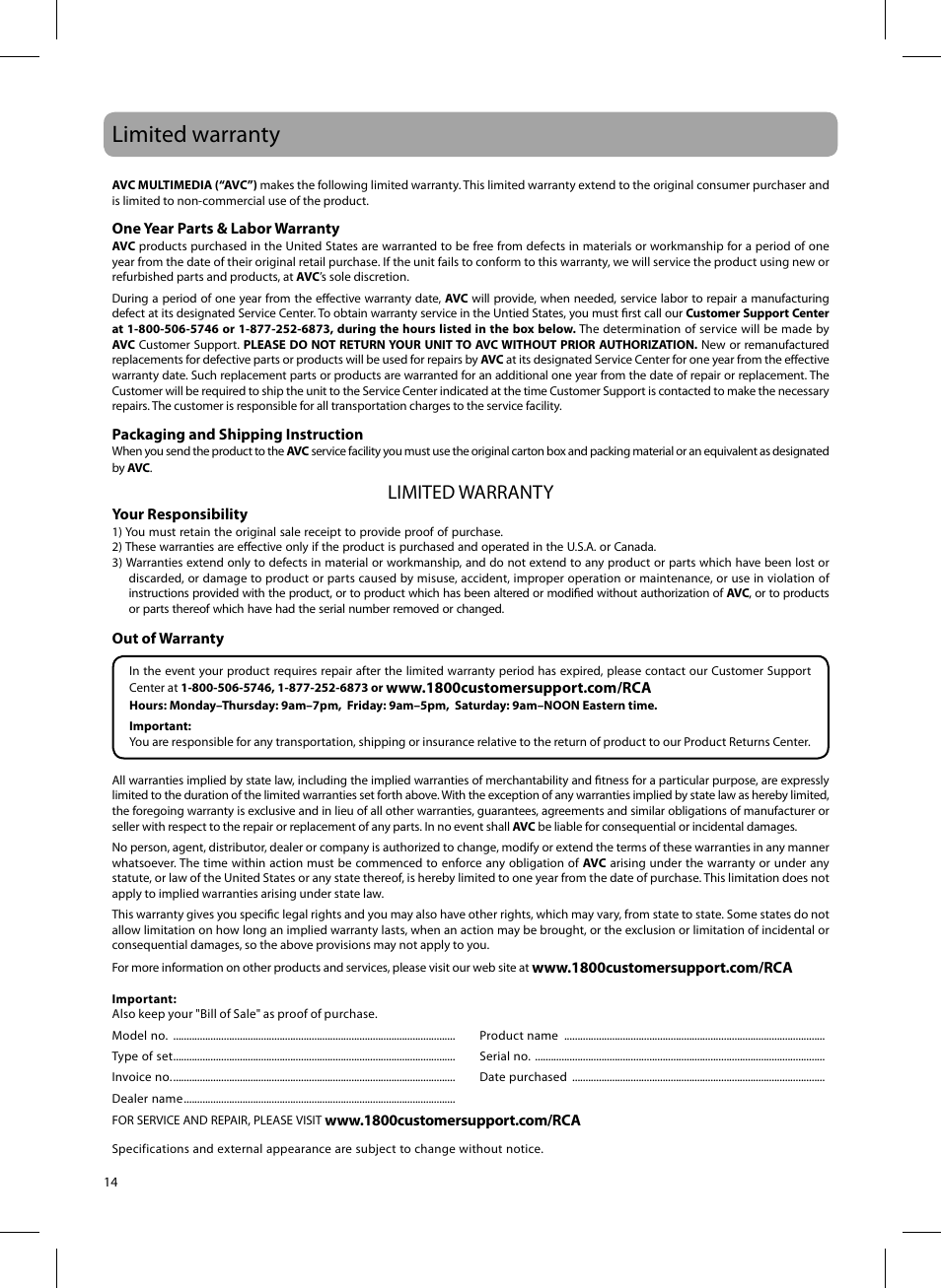 Limited warranty | RCA 811-DTA891W030 User Manual | Page 14 / 32