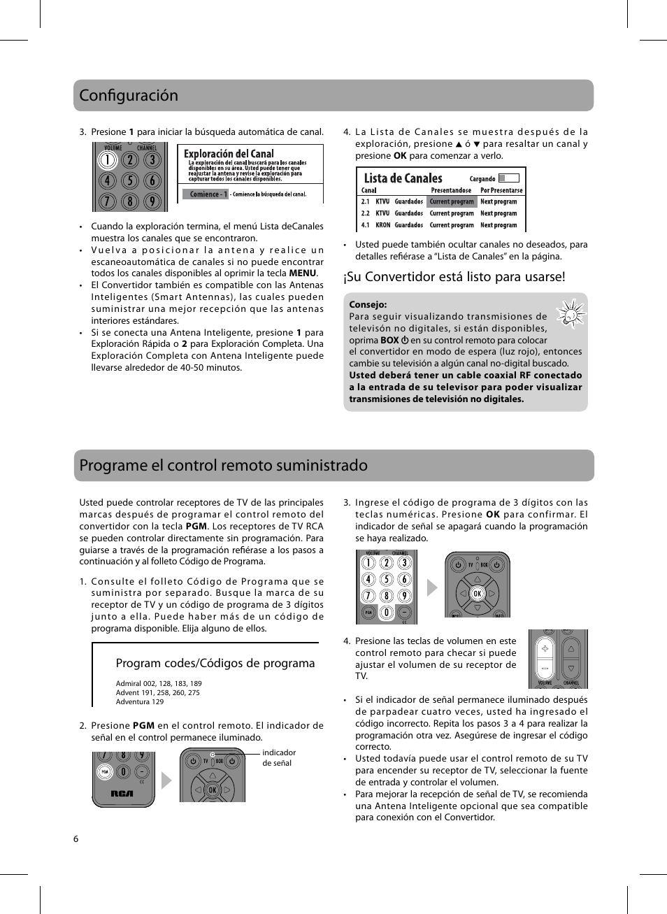 Confi guración, Programe el control remoto suministrado, Su convertidor está listo para usarse | RCA 811-DTA891W030 User Manual | Page 20 / 32