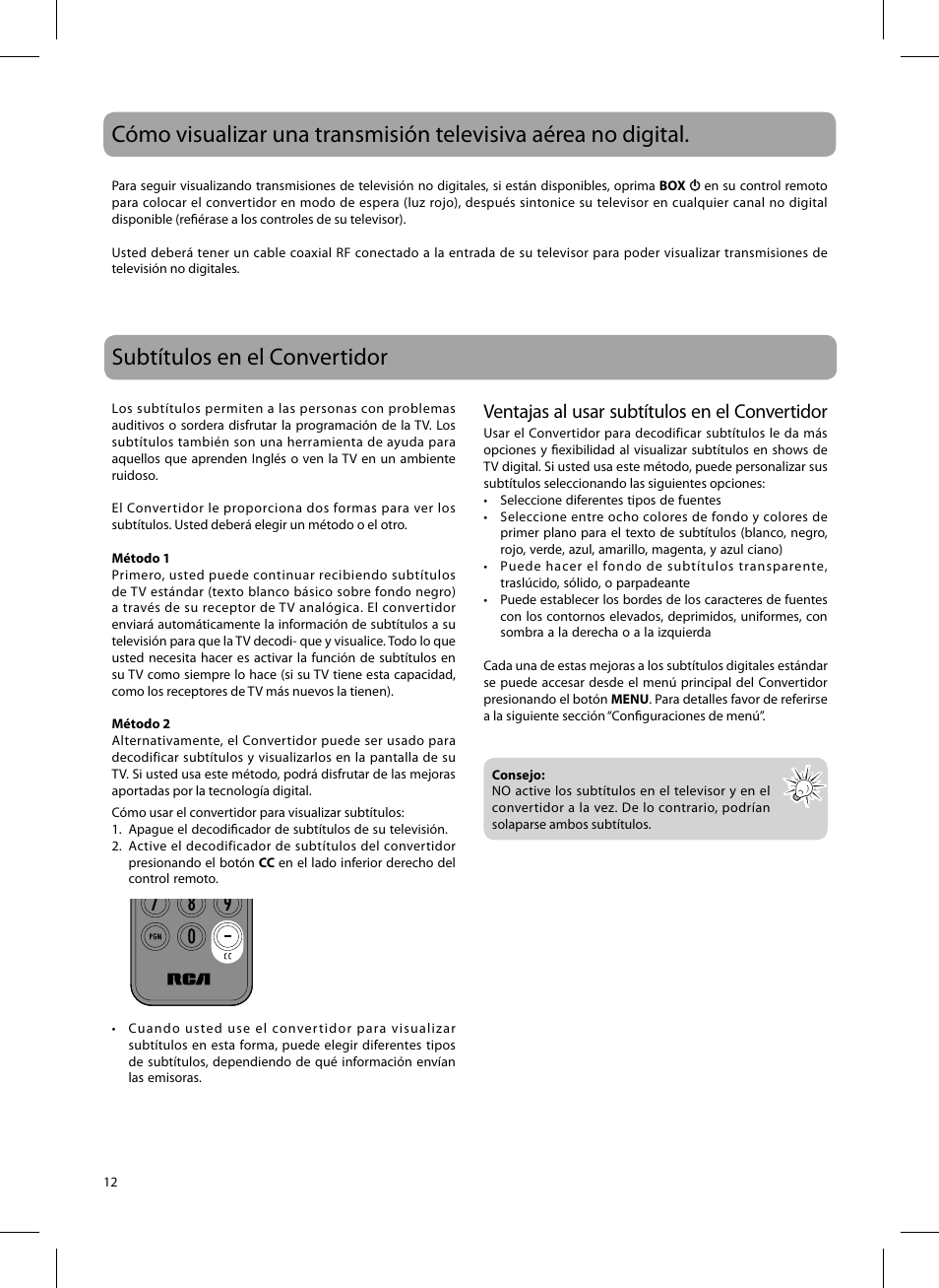 Subtítulos en el convertidor, Ventajas al usar subtítulos en el convertidor | RCA 811-DTA891W030 User Manual | Page 26 / 32