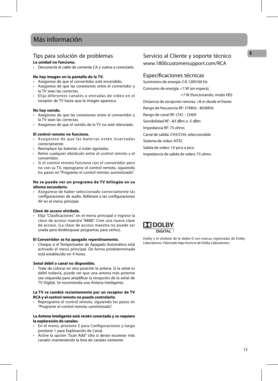 Más información, Tips para solución de problemas, Servicio al cliente y soporte técnico | Especifi caciones técnicas | RCA 811-DTA891W030 User Manual | Page 27 / 32