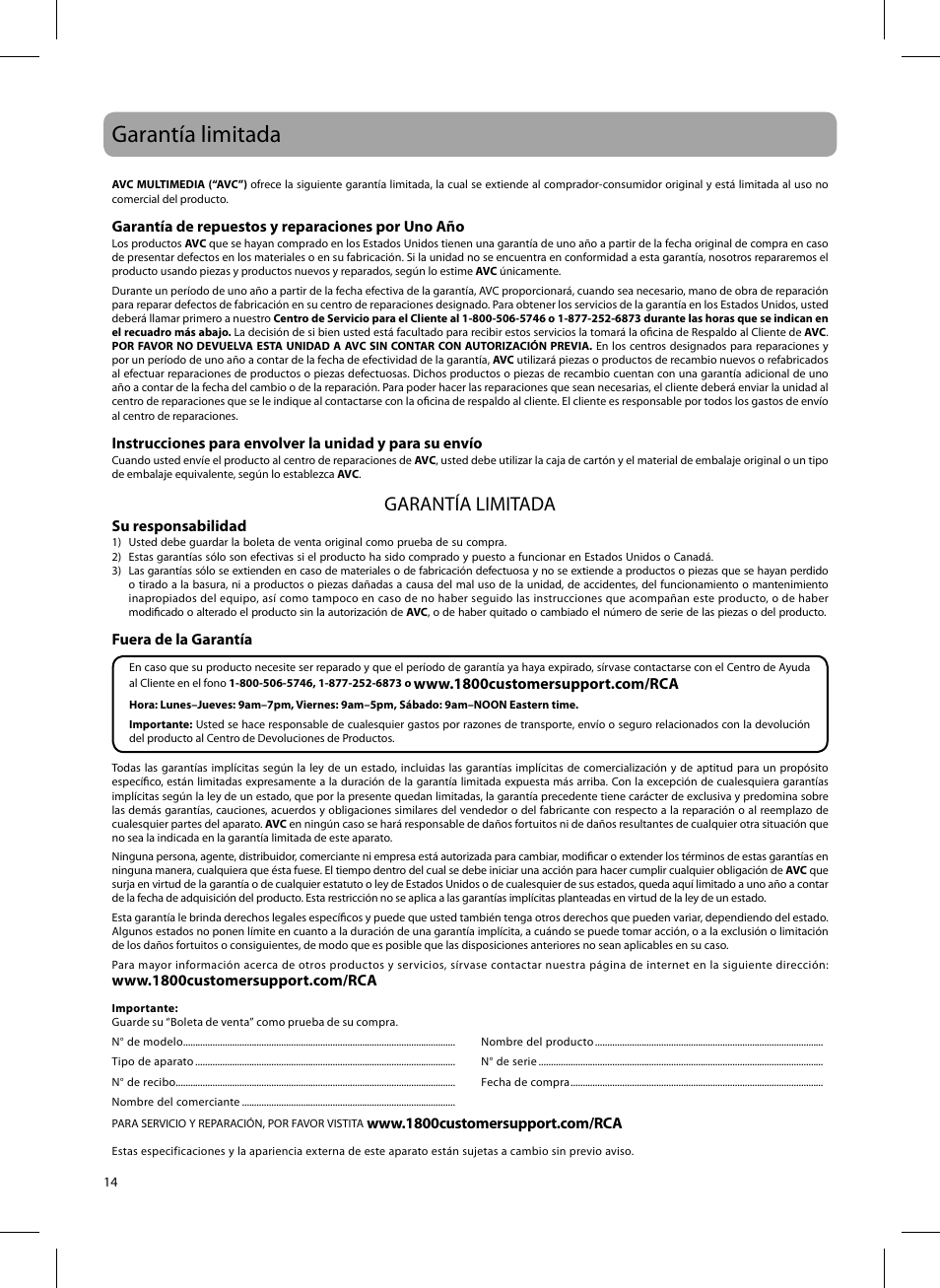 Garantía limitada | RCA 811-DTA891W030 User Manual | Page 28 / 32