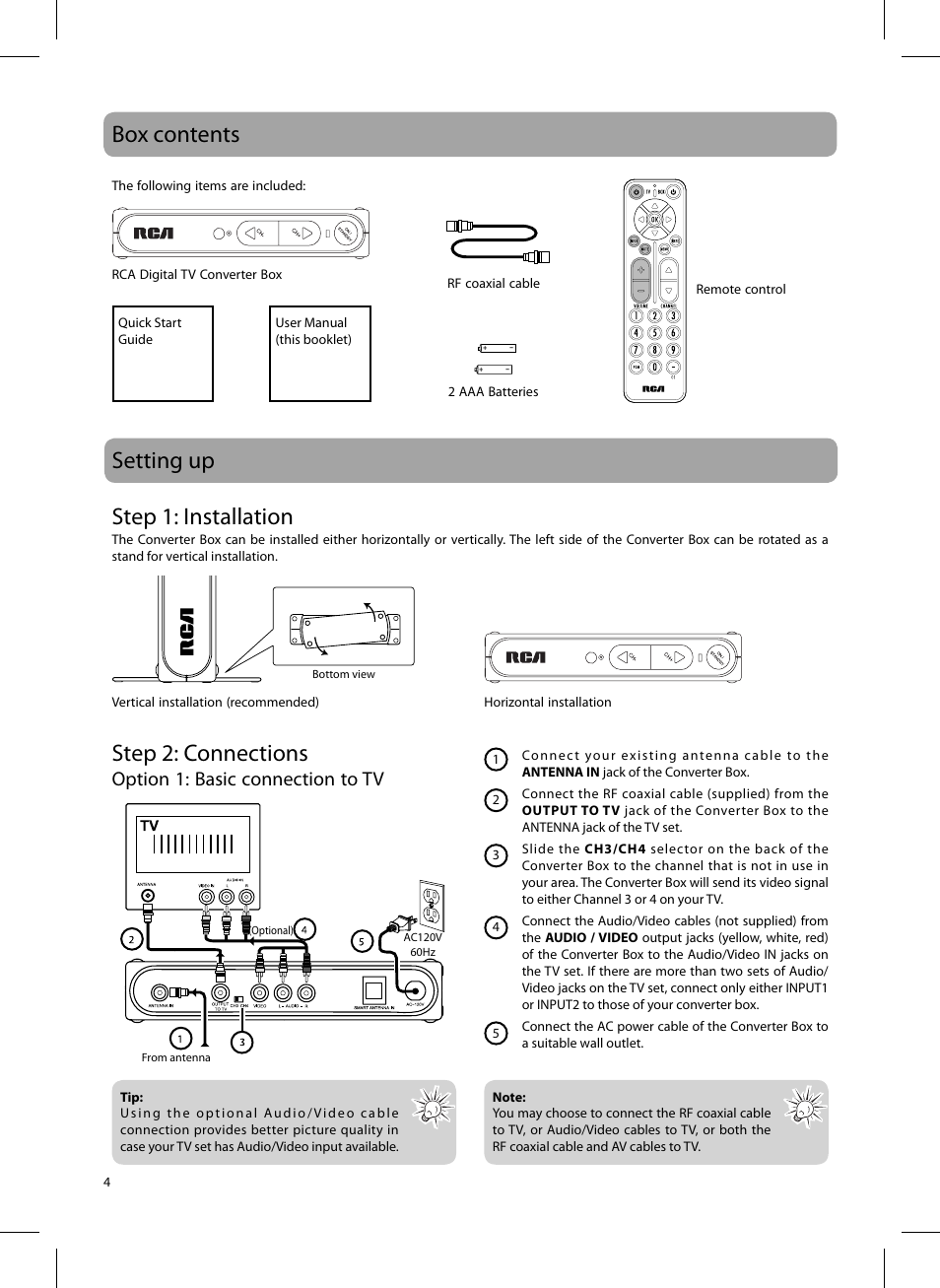 Box contents setting up, Step 1: installation, Step 2: connections | Option 1: basic connection to tv | RCA 811-DTA891W030 User Manual | Page 4 / 32