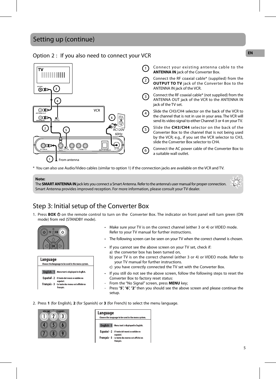 Setting up (continue), Step 3: initial setup of the converter box, Option 2 : if you also need to connect your vcr | RCA 811-DTA891W030 User Manual | Page 5 / 32