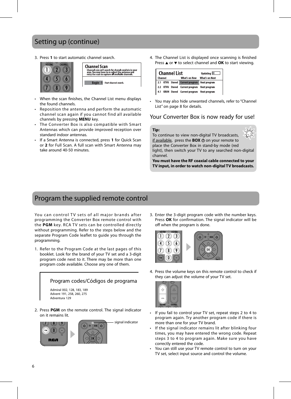 Setting up (continue), Program the supplied remote control, Your converter box is now ready for use | RCA 811-DTA891W030 User Manual | Page 6 / 32