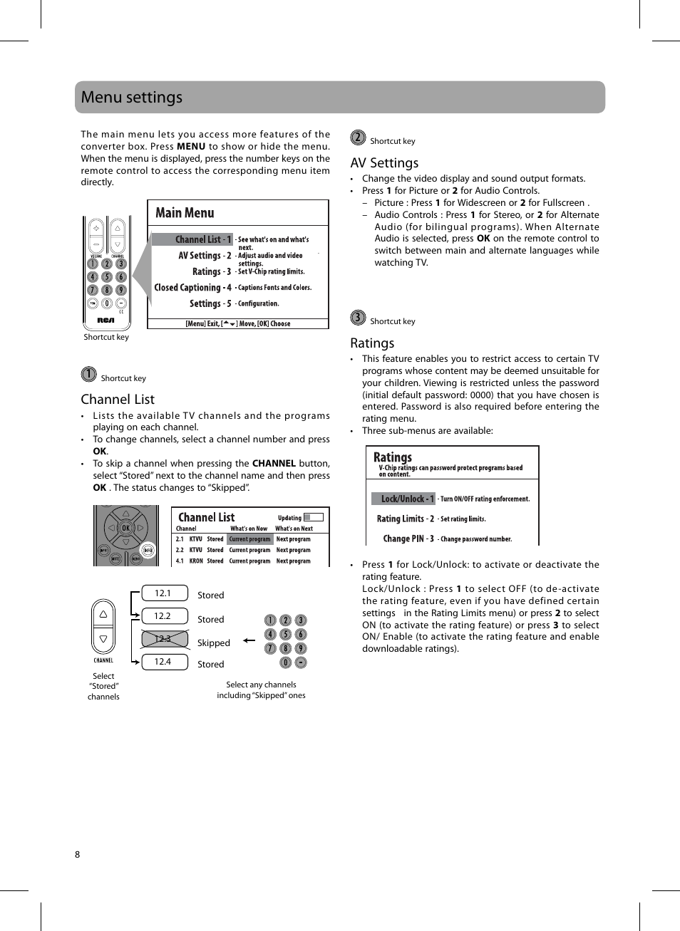 Menu settings, Channel list, Av settings | Ratings | RCA 811-DTA891W030 User Manual | Page 8 / 32