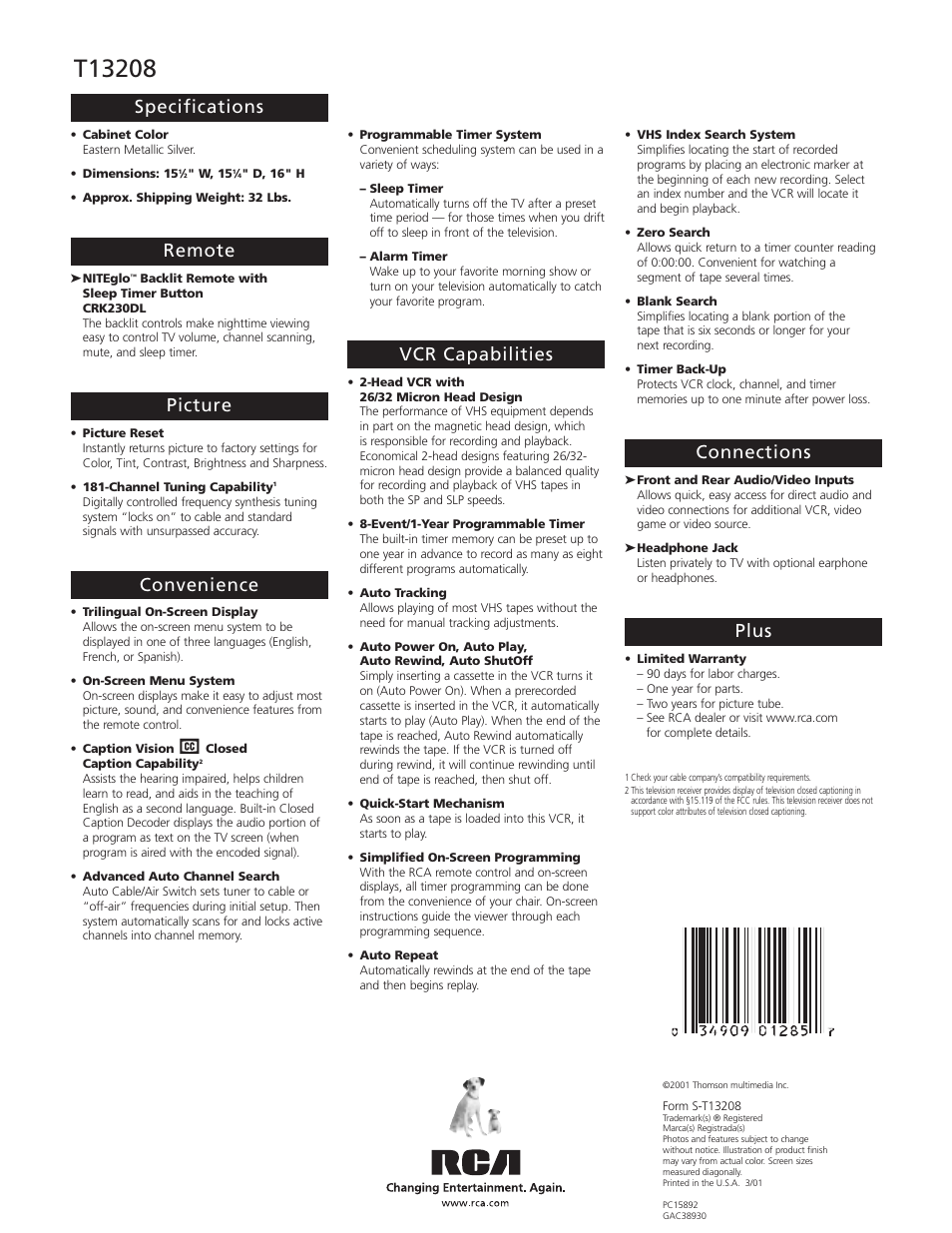 Specifications, Remote, Picture | Convenience, Vcr capabilities, Connections, Plus | RCA T13208 User Manual | Page 2 / 2