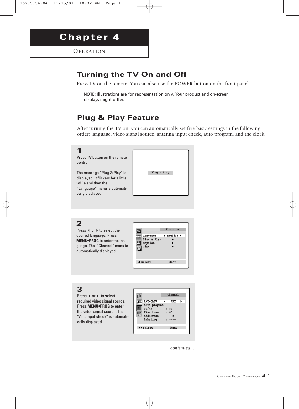 Plug & play feature, Turning the tv on and off | RCA MR29410 User Manual | Page 16 / 27
