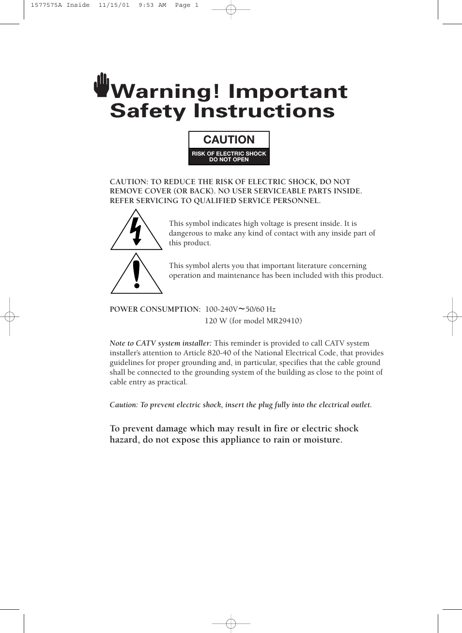 Warning! important safety instructions, Caution | RCA MR29410 User Manual | Page 2 / 27
