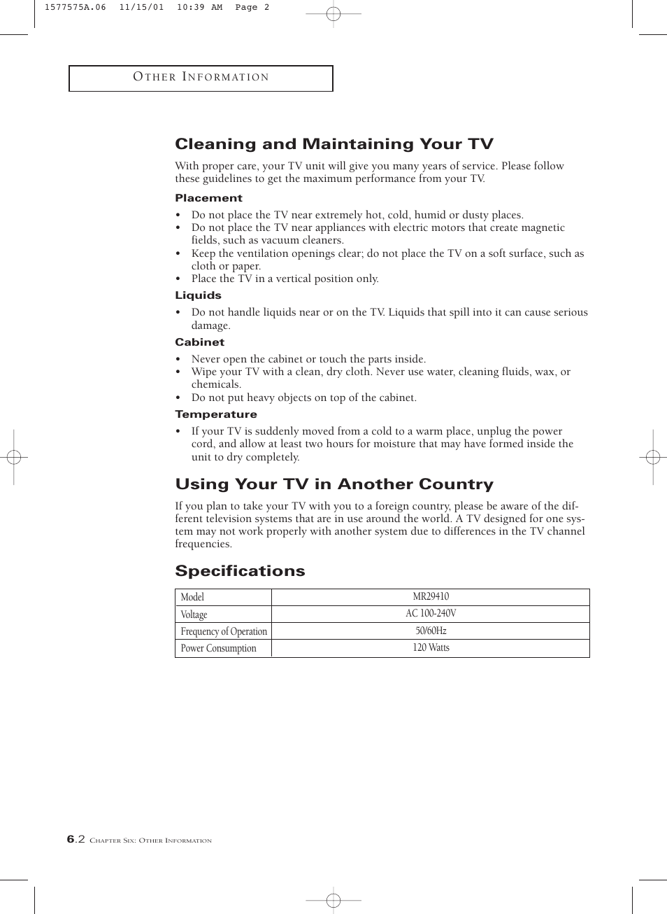 Cleaning and maintaining your tv, Using your tv in another country, Specifications | RCA MR29410 User Manual | Page 25 / 27