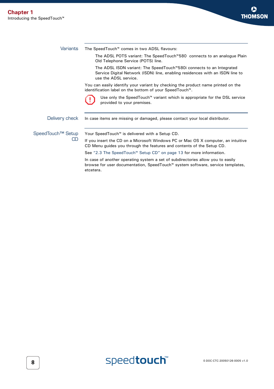 Variants, Delivery check, Speedtouch™ setup cd | Chapter 1 | RCA SpeedTouch 580 User Manual | Page 10 / 46