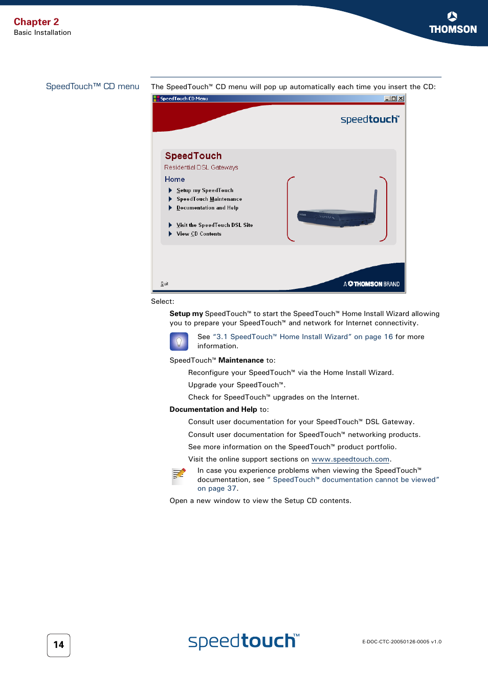 Speedtouch™ cd menu, Chapter 2 | RCA SpeedTouch 580 User Manual | Page 16 / 46