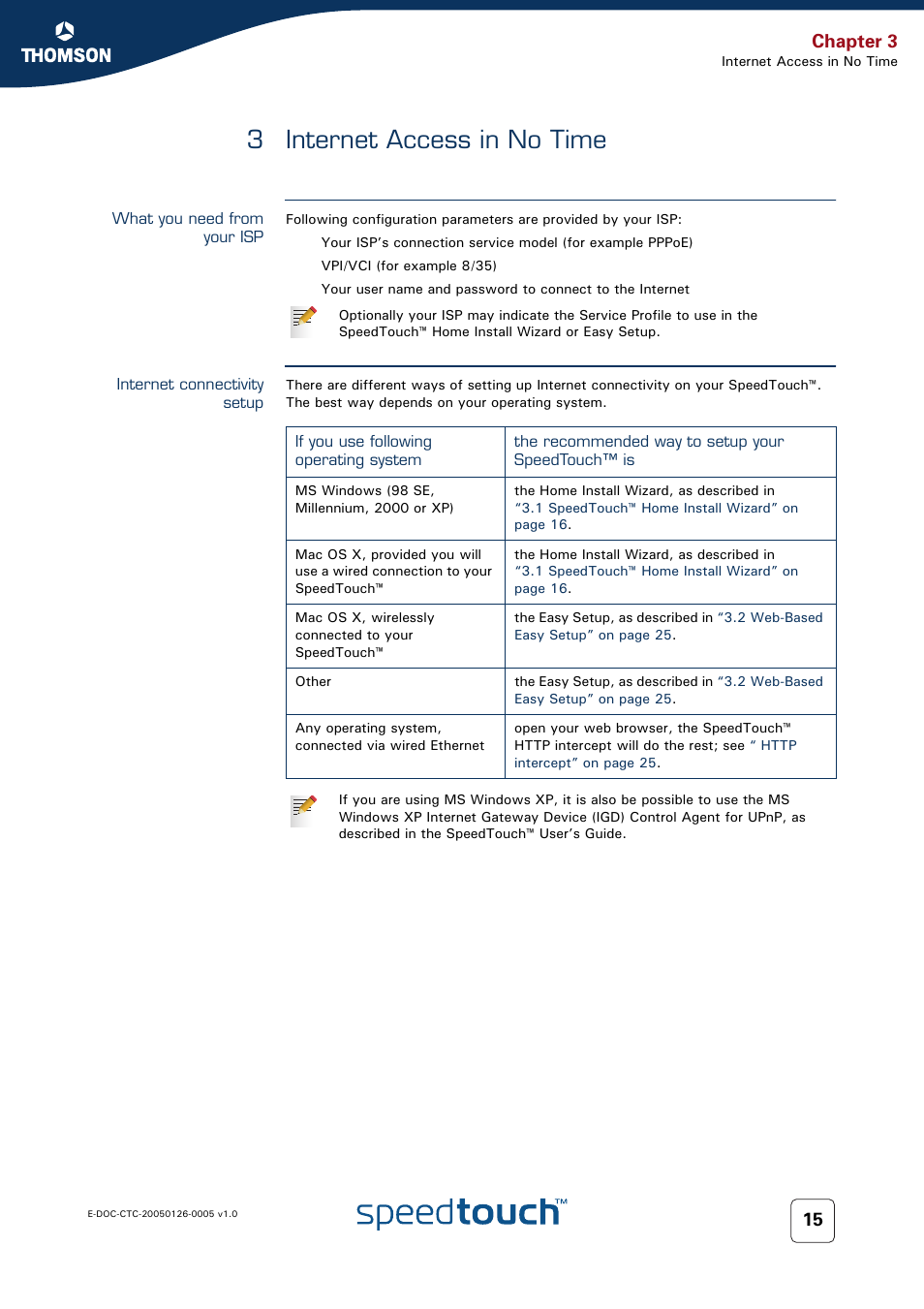 3 internet access in no time, What you need from your isp, Internet connectivity setup | Internet access in no time, Chapter 3 | RCA SpeedTouch 580 User Manual | Page 17 / 46