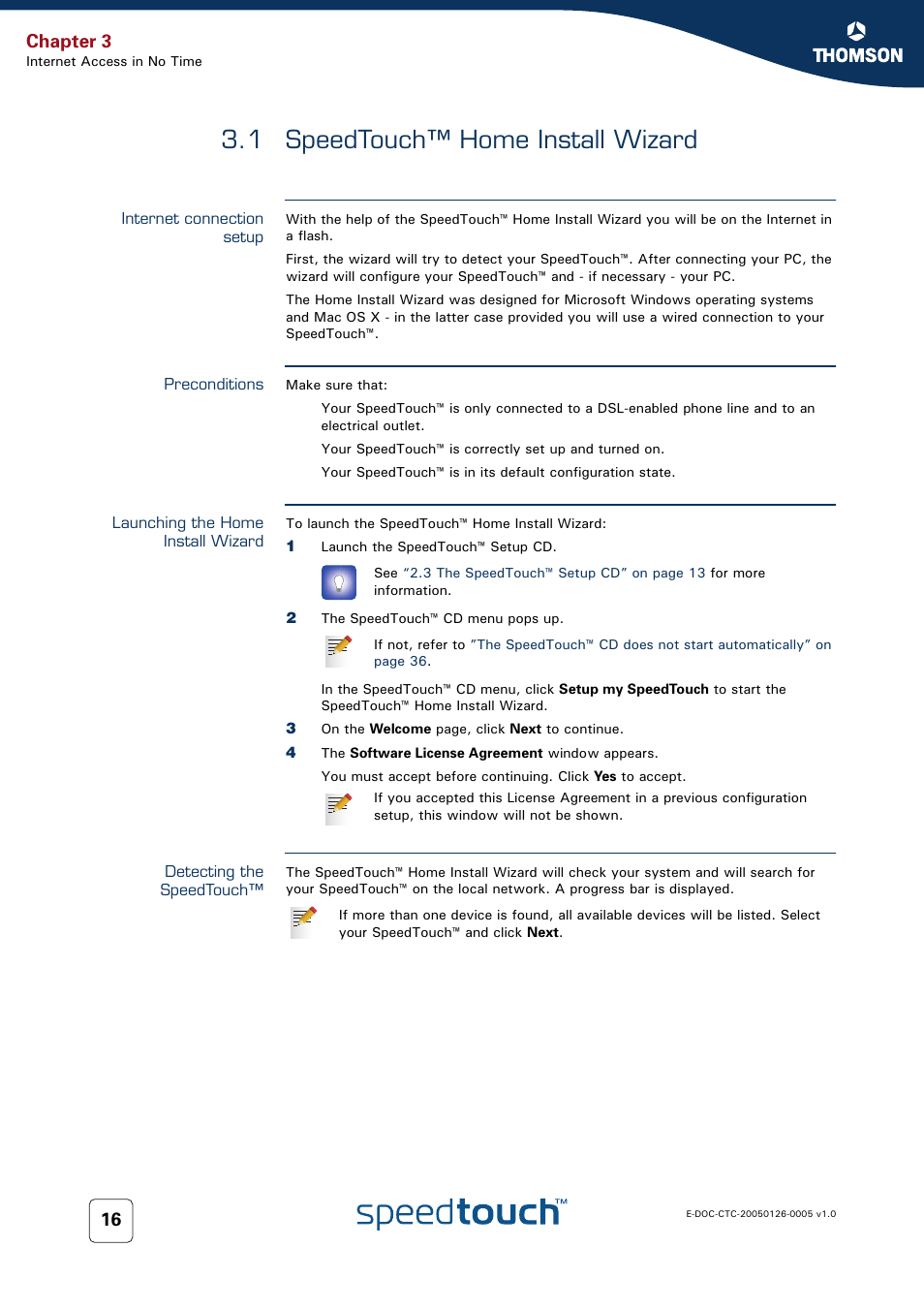 1 speedtouch™ home install wizard, Internet connection setup, Preconditions | Launching the home install wizard, Detecting the speedtouch, Speedtouch™ home install wizard, Chapter 3 | RCA SpeedTouch 580 User Manual | Page 18 / 46